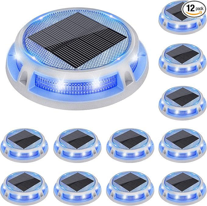 VOLISUN Solar Driveway Lights Dock Outdooor Waterproof Marker Lights,12 Pack Solar Deck Light 2 Colors in 1 Led IP67, Blue Step Light for Driveway Sidewalk Pathway Yard(White/Blue)