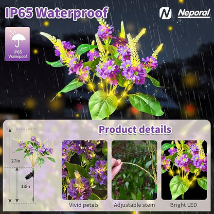 Neporal Solar Flowers Outdoor Waterproof Yellow, Decorative Garden Lights Solar Powered Dusk to Dawn, 8-Stem, 2 Lighting Modes Plants Lights for Yard, Backyard, Porch (Purple-2PK)