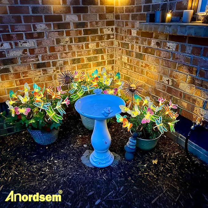 Anordsem Solar Garden Lights Outdoor: 8 Removable Optical Fiber Butterflies 2 Pack - Waterproof Fun Animal | Lumora