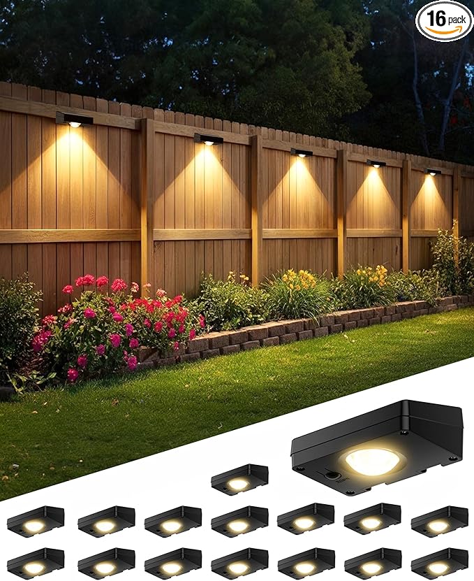 Solar Fence Lights Outdoor Waterproof, 3000/4500/6000K 3 Mode, Fence Lights Solar Powered for Outside Backyard, Railing, Step, Patio, Fence Post, Home Improvement Garden Decor, 16 Pack