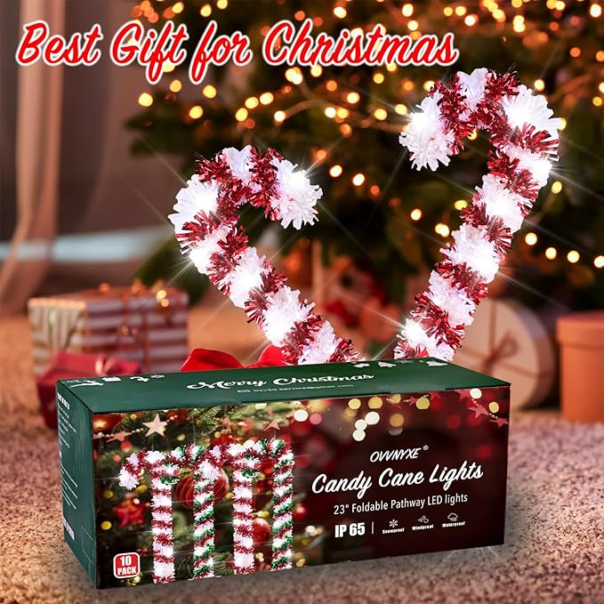 10 Pack Christmas Candy Cane Lights, 15 inch Tinsel Christmas Candy Cane Pathway Lights with 8 Modes & Timer for | Lumora