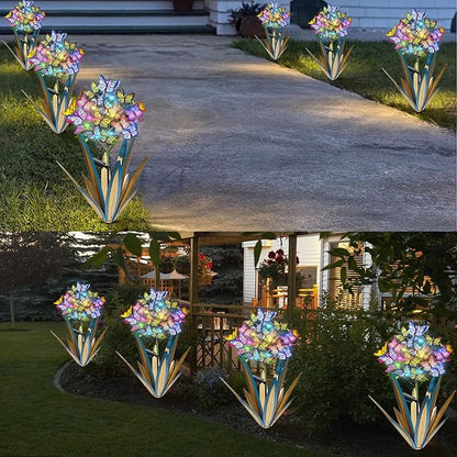 Homight Solar Metal Agave Butterfly Flower Stick Garden Sculpture - Outdoor Christmas Lights With Swaying Butterfly Sunflower - Solar Outdoor Gift (3 PCS Blue)