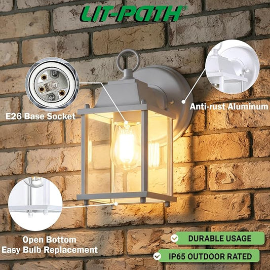 LIT-PaTH Outdoor Wall Lantern, Wall Sconce as Porch Lighting Fixture, E26 Base, Aluminum Housing Plus Glass, Water-Proof and Outdoor Rated, ETL Qualified, 2-Pack, White
