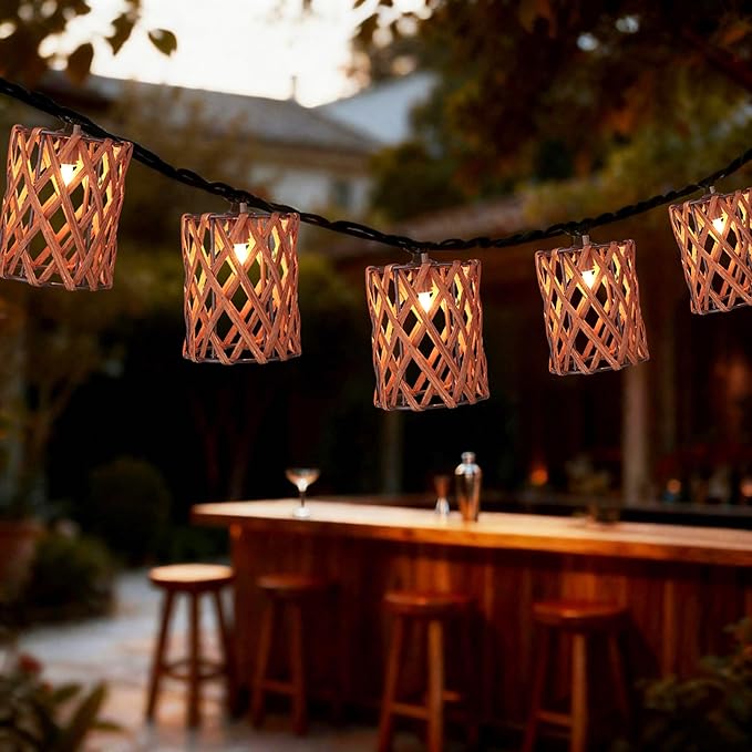 Decorative String Lights Plug in with 10 Incandescent Bulbs, Handwoven Rattan Cylinder-shaped Boho Lantern String Lights Connectable Weatherproof Outdoor Indoor for Bedroom Patio Pergola Decor (Brown)