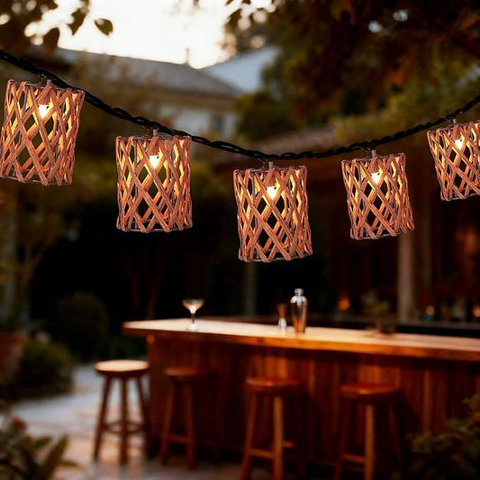 Decorative String Lights Plug in with 10 Incandescent Bulbs, Handwoven Rattan Cylinder-shaped Boho Lantern String Lights Connectable Weatherproof Outdoor Indoor for Bedroom Patio Pergola Decor (Brown)