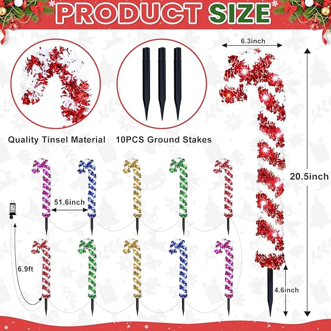 10 Pcs Christmas Candy Cane Lights 21'' Multicolor Candy Cane Pathway Light with 8 Lighting Modes Waterproof | Lumora