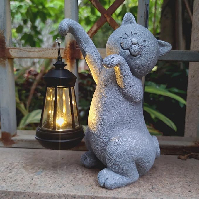Cat Solar Garden Statues,Resin Cat Figurine Decorations with Solar Lights Lantern, Outdoor Figurines Lawn Cats | Lumora