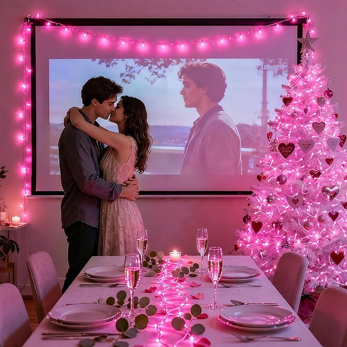 JMEXSUSS Connectable 100 LED Pink Christmas Lights, 33ft 8 Modes Room Lights Clear Wire, Plug in Pink String Lights Indoor Outdoor for Room Decor Christmas Tree Bedroom Valentines Party