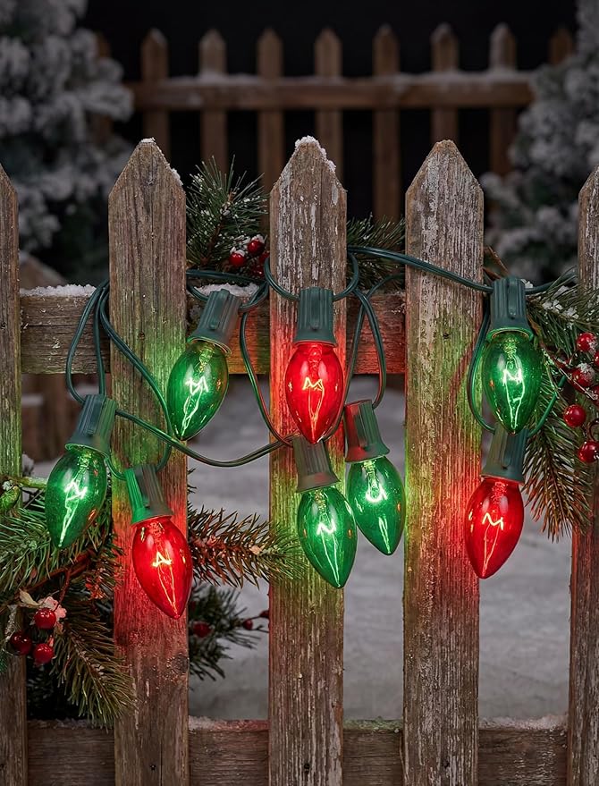 C9 Vintage Christmas String Lights, 25Ft Red & Green with 26 C9 Bulbs, Outdoor Hanging Patio Lights for Christmas | Lumora
