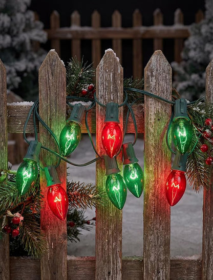 C9 Vintage Christmas String Lights, 25Ft Red & Green with 26 C9 Bulbs, Outdoor Hanging Patio Lights for Christmas Tree, Path, Roofline, Wedding Party Decoration