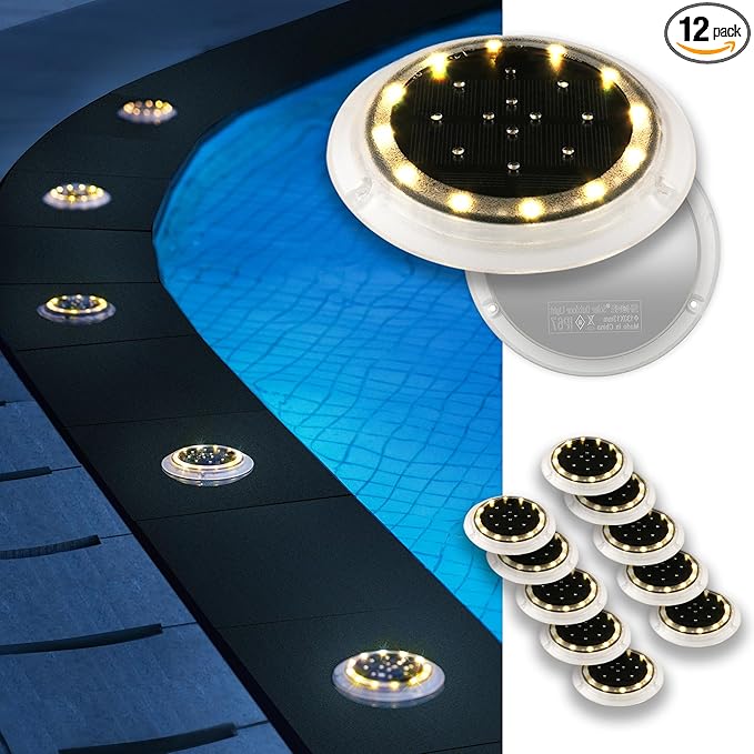 Solar Dock Lights, Bright Disc LED Outdoor Waterproof, Anti-Slip & Anti-Trip Flat Low Profile for Marine, Deck, Ground, Pool, Pier, Pathway, Step (Warm White, 12Pack)