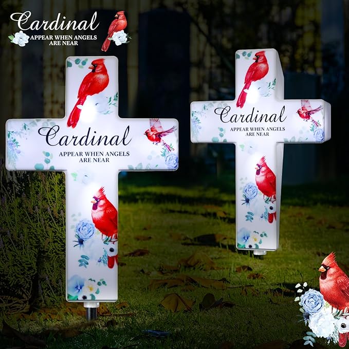 Yousoontic Cardinal Grave Solar Cross Lights Outdoor Memorial Garden Stake Cross Lights for Cemetery Grave Cardinal Garden Decor Solar Stake for Patio Memorial Decoration(Classic Style)