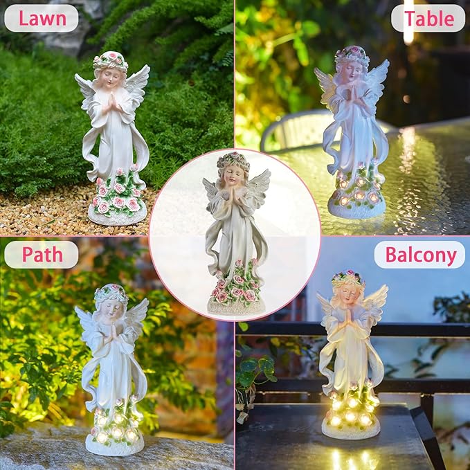 Solar Garden Statues Lights, Guardian Angel Figurines Light with Flower, Resin Praying Angel Figurine Lights Landscape Light, Outdoor Decor Garden Figurine for Patio Balcony Yard Lawn (White Angel)