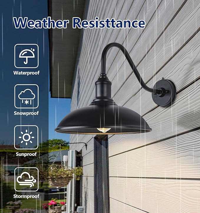 15 Inch Large Black Outdoor Gooseneck Barn Lights, from Dusk to Dawn Farmhouse Barn Lights, Galvanized + Painted | Lumora