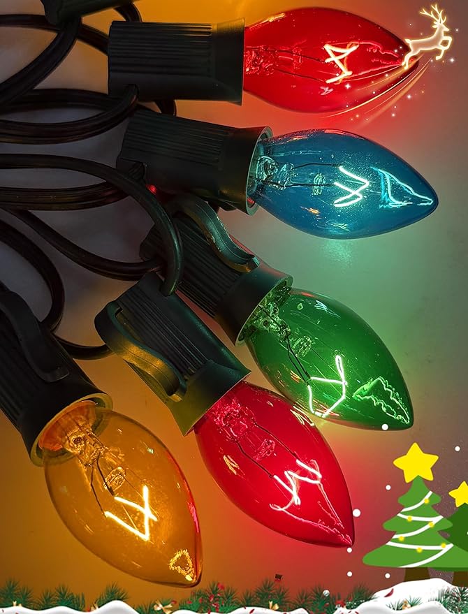 25Ft Multicolor Chritsmas Lights Outdoor, C7 Vintage String Lights with 27 Colorful Clear Incandescent Bulbs, Hanging Patio Lights for Porch Roofline Christmas Tree Garden Pathway Indoor Decor