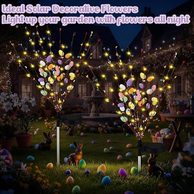 2 Pcs Solar Easter Egg Lights Waterproof Egg Stake Lights Decorative Garden Firefly Outdoor Easter Light for Lawn Trails Landscaped Yards Pathway Porches and Patio Decorations