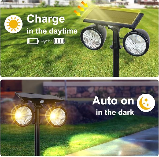 Solar Spotlights Outdoor, IP67 Waterproof 2-in-1 RGB Color Changing Double-Head Solar Lights, Christmas Landscape | Lumora