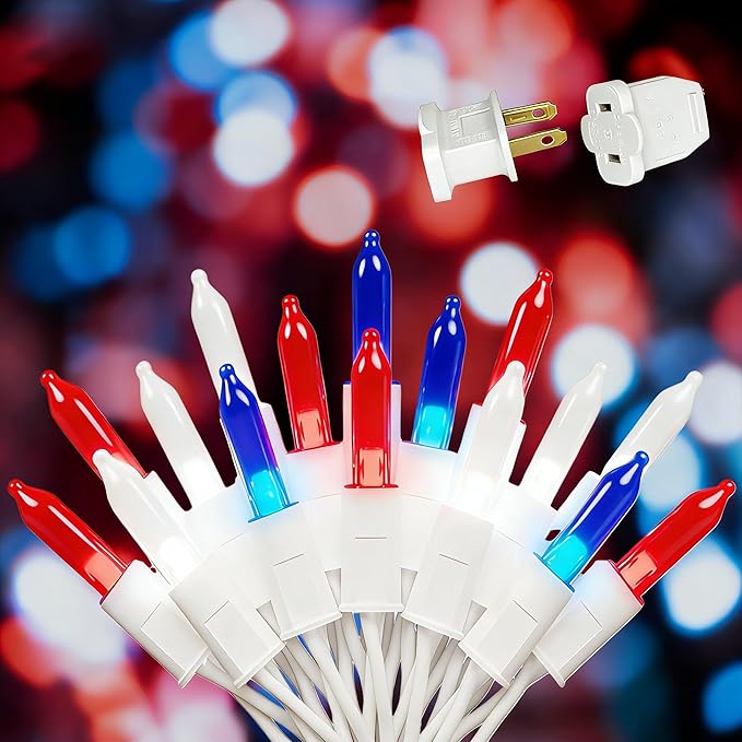 Red White and Blue String Lights,4th of July Decoration,23.3FT-70 Lights LED String Lights, Fairy Lights for Independence Day President Day Memorial Day Plug in IP68 Waterproof