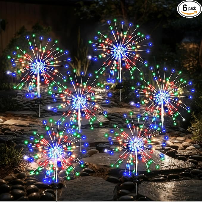Solar Garden Firework Lights Outdoor Waterproof, 6 Pack Solar Lighting with 8 Lighting Modes , 120 LED Sparklers String Lights for Outside Decor Yard Pathway Halloween Decorations(Colorful)