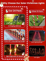 BOSSERN Upgraded 24 Pack Candy Cane Solar Christmas Lights Waterproof, Rechargeable Pathway Lights with Remote | Lumora