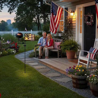 Garden Lights Solar Powered American Flag for Fourth of July Decorations, Memorial Day Decorations Outdoor Tall Patriotic Solar Patio Lights with 12 Vintage Bulbs 49.6" for Yard Pathway Lawn