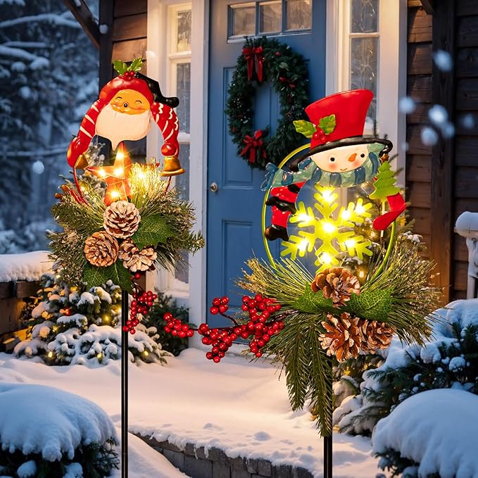 Tryme Solar Christmas Garden Lights - Outdoor Decorations Snowman & Xmas Santa Claus with Pine Cones, for Women