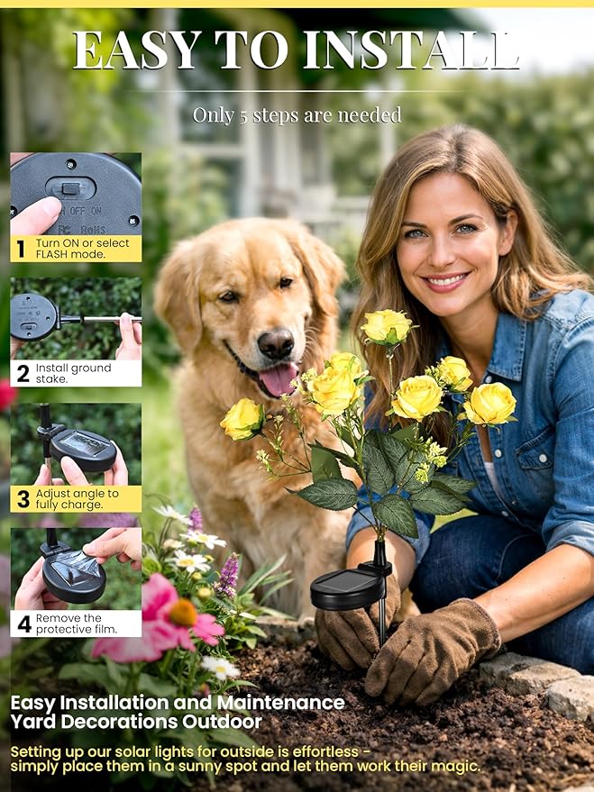 GIGALUMI Solar Lights Outdoor for Garden Decor, 4 Pack Solar Flower Lights Waterproof, 2 Lighting Modes 28 Rose Flowers for Pathway,Yard, Patio Decoration, Gardening Gifts for Women (Yellow)