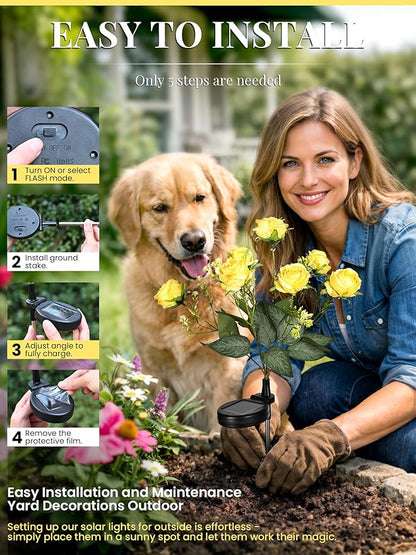 GIGALUMI Solar Lights Outdoor for Garden Decor, 4 Pack Solar Flower Lights Waterproof, 2 Lighting Modes 28 Rose Flowers for Pathway,Yard, Patio Decoration, Gardening Gifts for Women (Yellow)