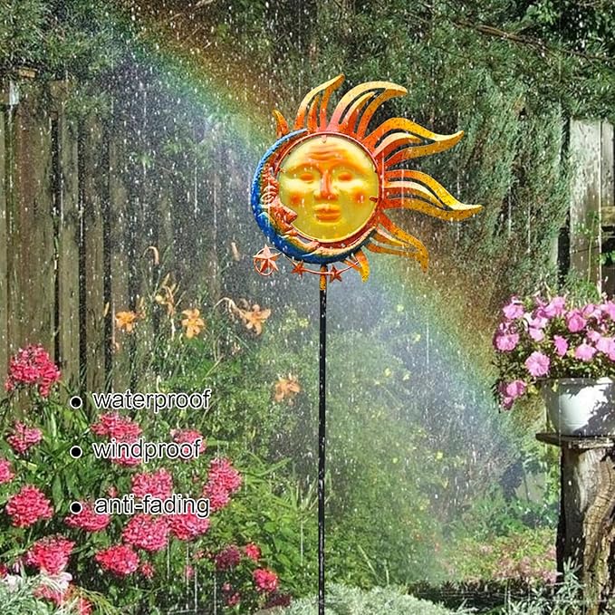 Solar Light Outdoor Garden Decoration Colorful Metal & Glass Sun Moon Star Valentine Stake Decorative Waterproof Warm White LED Yard Decor for Pathway Lawn Patio Backyard