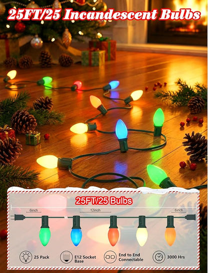 C7 Incandescent Christmas Lights Outdoor,Colored Christmas Tree Lights with 27 Glass 5w Bulbs(2 Spare),Vintage Xmas Lights Outdoor for Holiday/Paty/Patio/House Decor,E12 Base,Green Wire