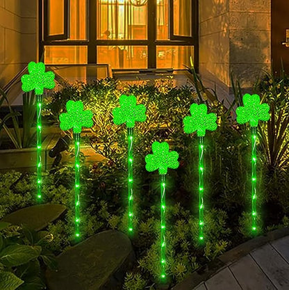 Solar Shamrocks Garden Stake Lights for St. Patrick's Day Decorations Outdoor, 8 Modes Green Lucky Clover Pathway Lights Waterproof St. Patrick's Lights for Yard Lawn Walkway Decor (6 Pack)