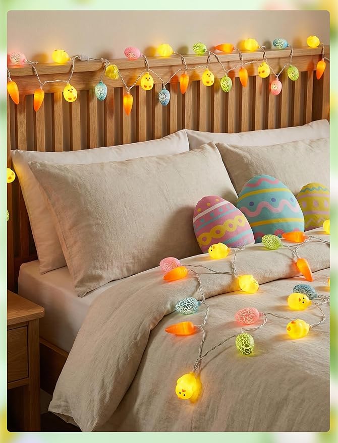 8.5Ft Outdoor Easter String Lights with 10 Cracked Egg, Chick & Carrot LED Decorative Lights for Spring & Easter Decor, Hanging Spring Themed Party Lights for Indoor & Outdoor Holiday Patio Garden