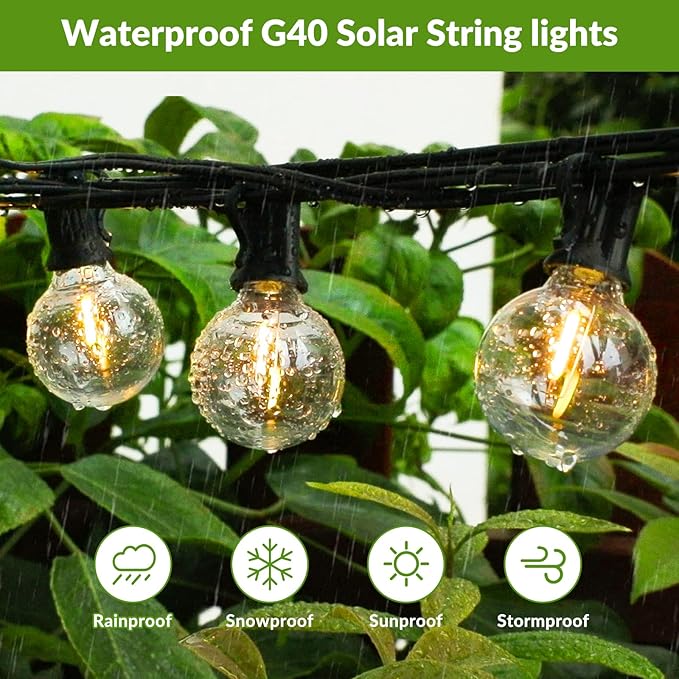 100FT G40 Solar String Lights, Globe Outdoor String Lights with 52 E12 Waterproof LED Bulbs, 2700K Shatterproof | Lumora