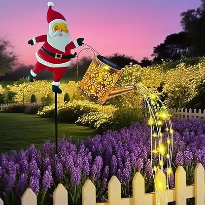 Santa Claus Watering Can Solar Lights Outdoor, Waterproof Father Christmas Solar Garden Lights, Santa Claus Solars Watering Can with LED Cascading Light, Solars Lanterns Father Christmas Decoration