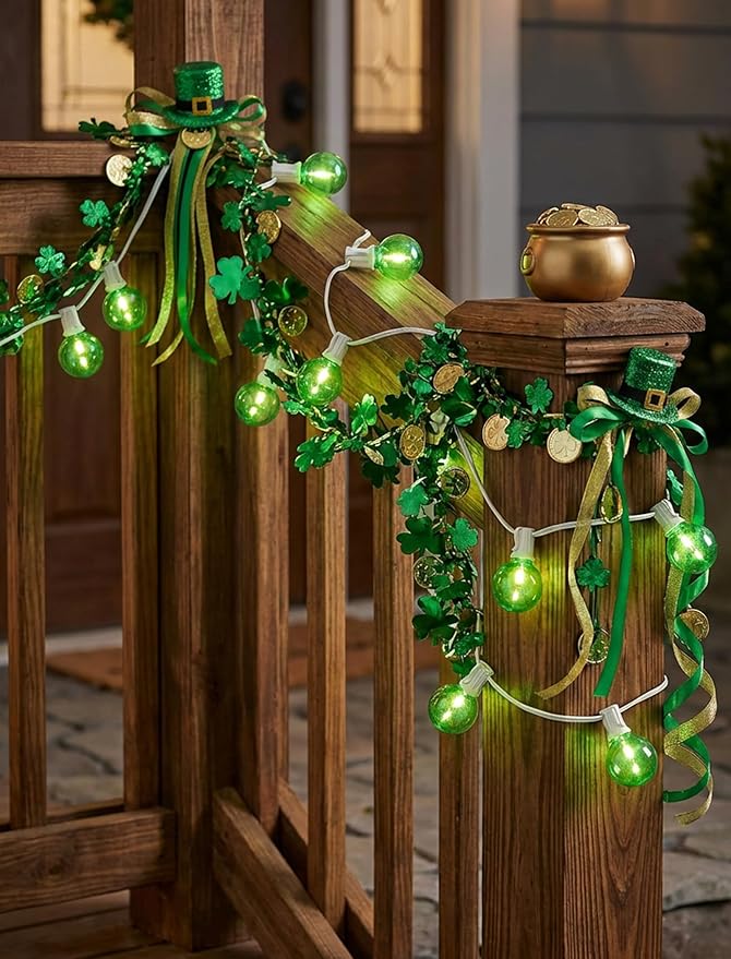 25FT G40 LED Outdoor Globe String Lights, Outdoor St. Patrick's Day Decorations Lights with 27 Shatterproof Clear Green Bulbs, Hanging Patio Lights Waterproof for Irish-themed Party Backyard Garden