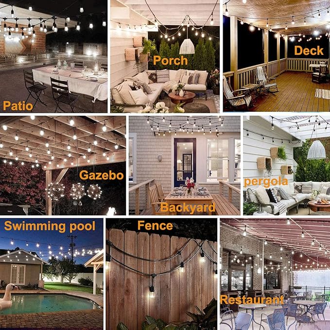 48FT Outdoor String Lights LED Heavy-Duty Waterproof Patio Lights with 16 Shatterproof Plastic 2200K Warm White | Lumora