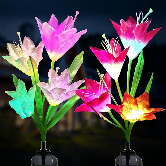 Outdoor Solar Lights Garden Decoration Bigger Lily Flowers 2 Pack, Waterproof 5 Color Changing LED Powered Light Large Panel for Garden Pathway Patio, Gift for Mom Grandma (Purple and White)