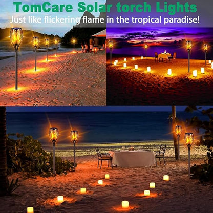 TomCare Solar Lights, 43" Waterproof Flickering Flames 96 LED Torches Outdoor Landscape Decoration Lighting Auto On/Off Pathway Lights for Garden Patio Yard, Black(2)