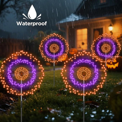 4 Pack Solar Halloween Firework Lights Outdoor Waterproof, 8 Modes Orange & Purple Black Spooky Solar Garden Lights with Timer Remote for Outside Yard Patio Pathway Lawn Halloween Decor