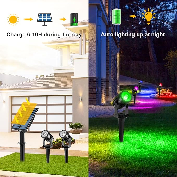 T-SUNUS RGB Solar Spot Lights Christmas, Metal Color Changing Landscape Spotlights IP65 Waterproof Spotlight 2-IN-1 | Lumora