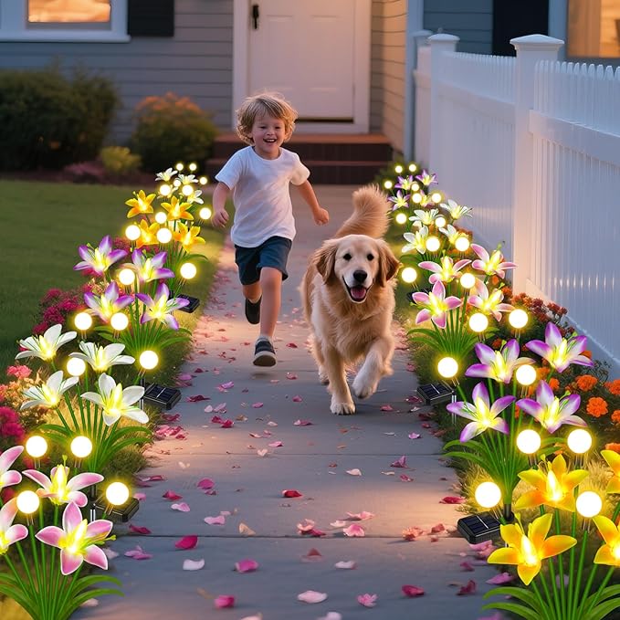 Solar Lights Outdoor Flowers Garden Decor,Firefly Lights with 4 Color Wild Lily Light, Solar Flowers Outdoor Waterproof for Patio Yard Gifts for Women Mom