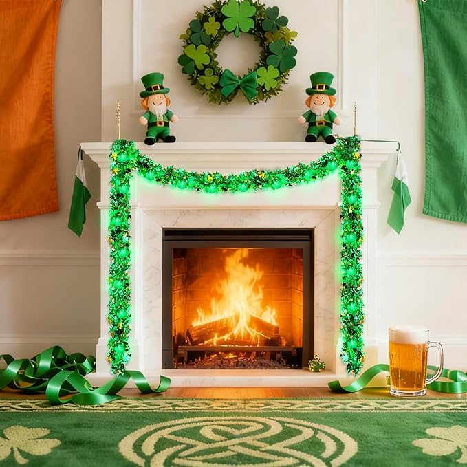 20FT St Patrick's Day Garland Lights, Plug in Outdoor Green Global String Lights and Tinsel Shamrock Garland Set, Parallel Connectable for Home Garden Irish Saint Patrick Party Decorations