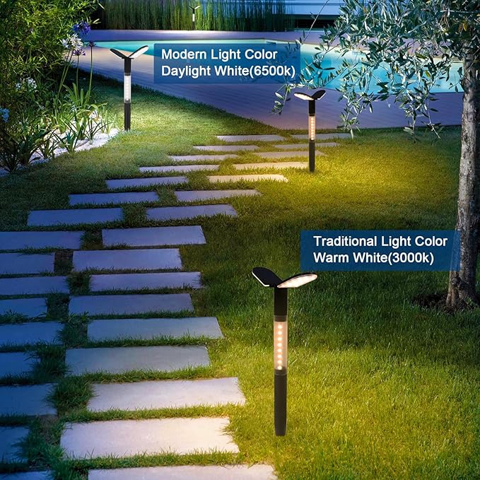 EMANER Solar Flood Lights Outdoor 2-Pack, Dual Color 2700-6000K CCT Change, Dusk to Dawn Solar Pathway Light with Stake, 12Hrs All-Night Illumination for Lawn Landscape Patio Security
