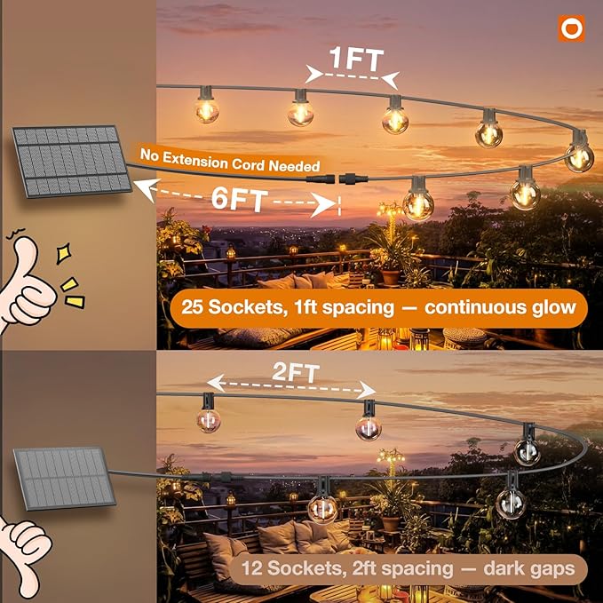addlon 56FT(50+6) Solar String Lights Outdoor with 1FT Bulb Spacing, 50+2 Commercial G40 LED Bulbs, Solar & USB | Lumora