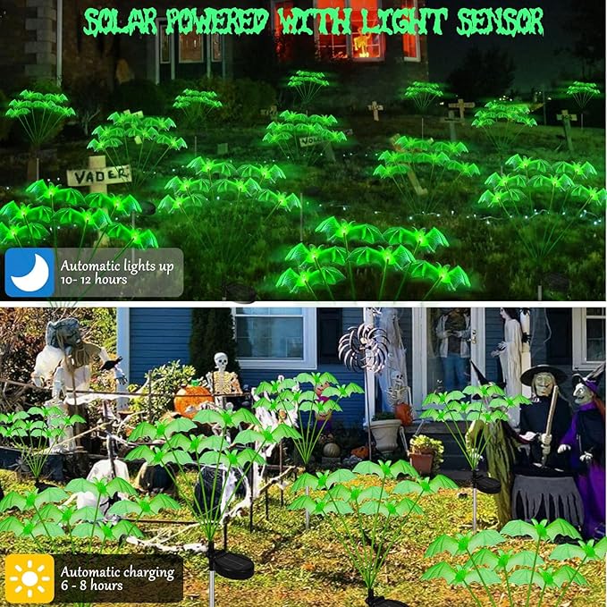 2Pack Solar Bat Garden Lights for Halloween Decorations outdoor,12LED 3D Scary Light up Flying Bats Outside Decor, Solar Bats Path Lights for Home Garden Porch Yard Lawn Halloween Party Gifts Decor