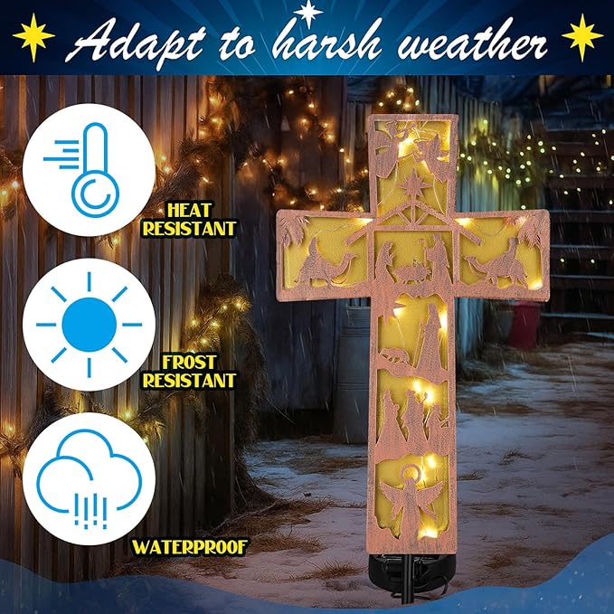 Tuanse 11 Inches Christmas Nativity Scene Outdoor Bronze Cross Decorations Metal Solar Lighted Cross Nativity Scene Garden Stake Retro Solar Outdoor Religious Sign for Christmas Outside Patio
