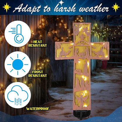 Tuanse 11 Inches Christmas Nativity Scene Outdoor Bronze Cross Decorations Metal Solar Lighted Cross Nativity Scene Garden Stake Retro Solar Outdoor Religious Sign for Christmas Outside Patio