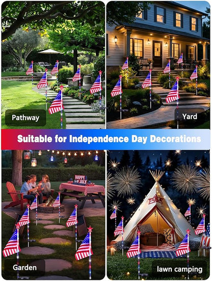 8 Pack American Flag Solar Lights Outdoor, 4th of July Decorations with 2 Modes, Waterproof Solar Flag Patriotic Lights for Yard, Garden, Pathway, Independence Day, Memorial Day (Red White and Blue)