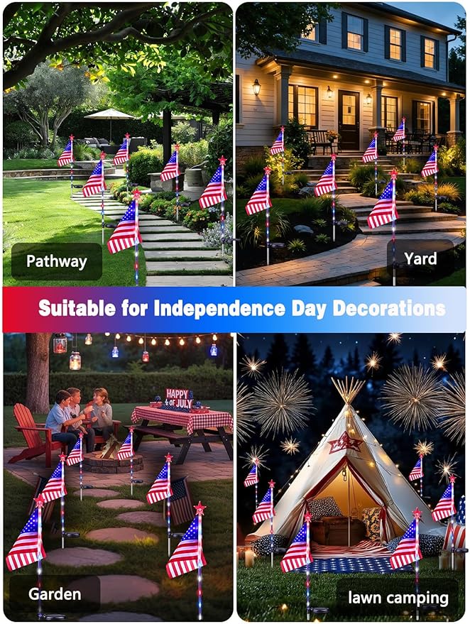 10 Pack American Flag Solar Lights Outdoor, 4th of July Decorations with 2 Modes, Waterproof Solar Flag Patriotic | Lumora
