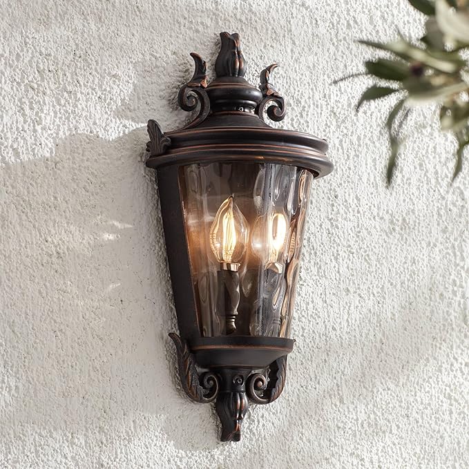 John Timberland Casa Marseille Vintage Outdoor Wall Light Fixture Veranda Bronze 17" Champagne Hammered Glass for | Lumora